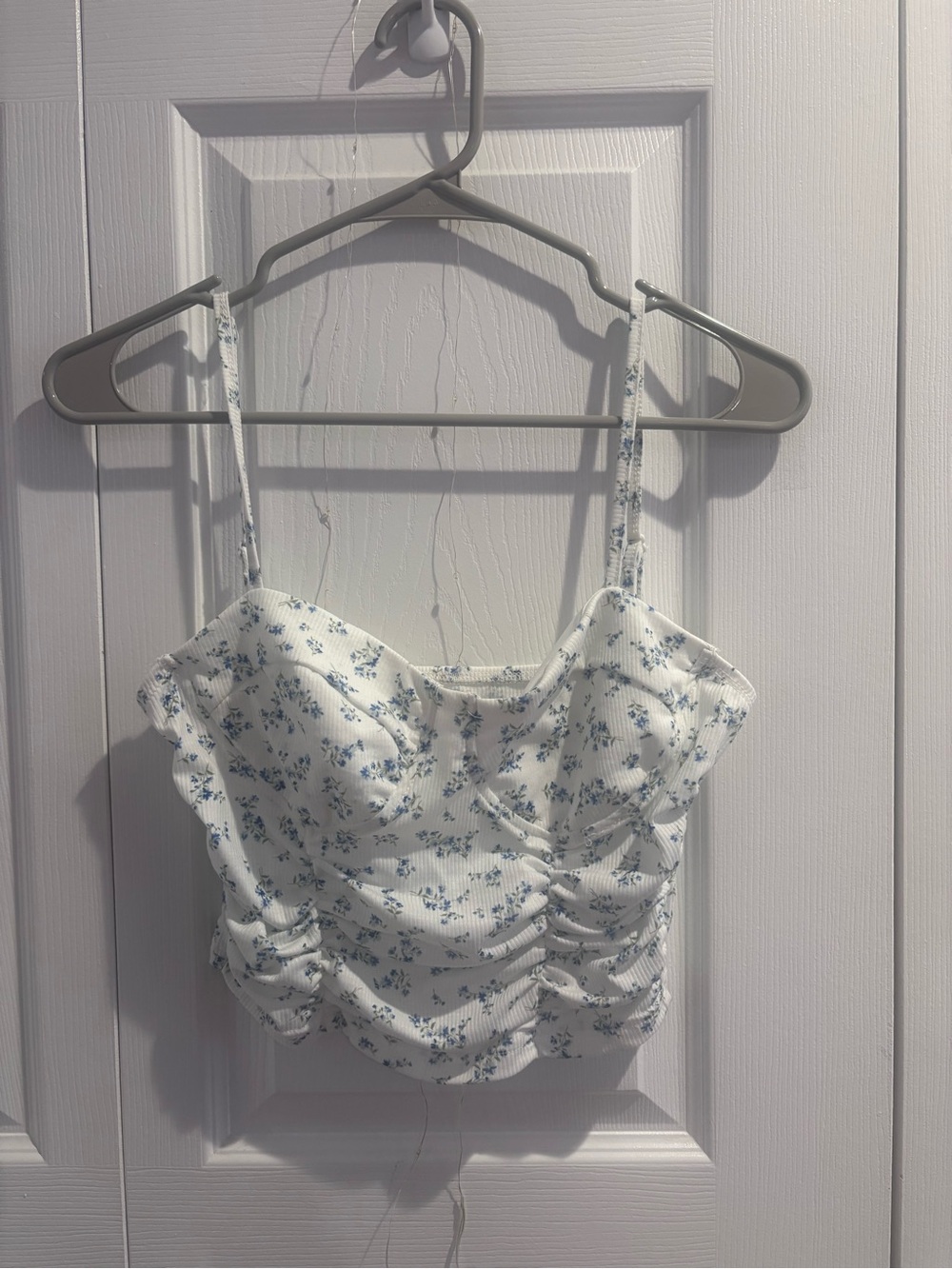 SHEIN White Floral Ruched Bustier Camisole with Blue Print